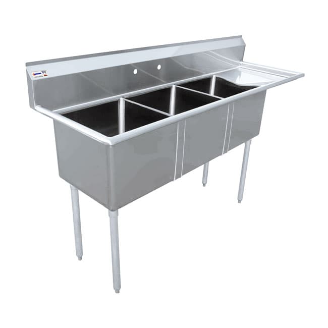 18″ x 18″ x 11″ 18-gauge stainless steel Three Tub Sink with 3.5″ Center Drain and Right Drainboard