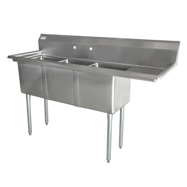 10″ x 14″ x 10″ 18-gauge stainless steel Three Tub Sink with 3.5″ Center Drain and Right Drainboard