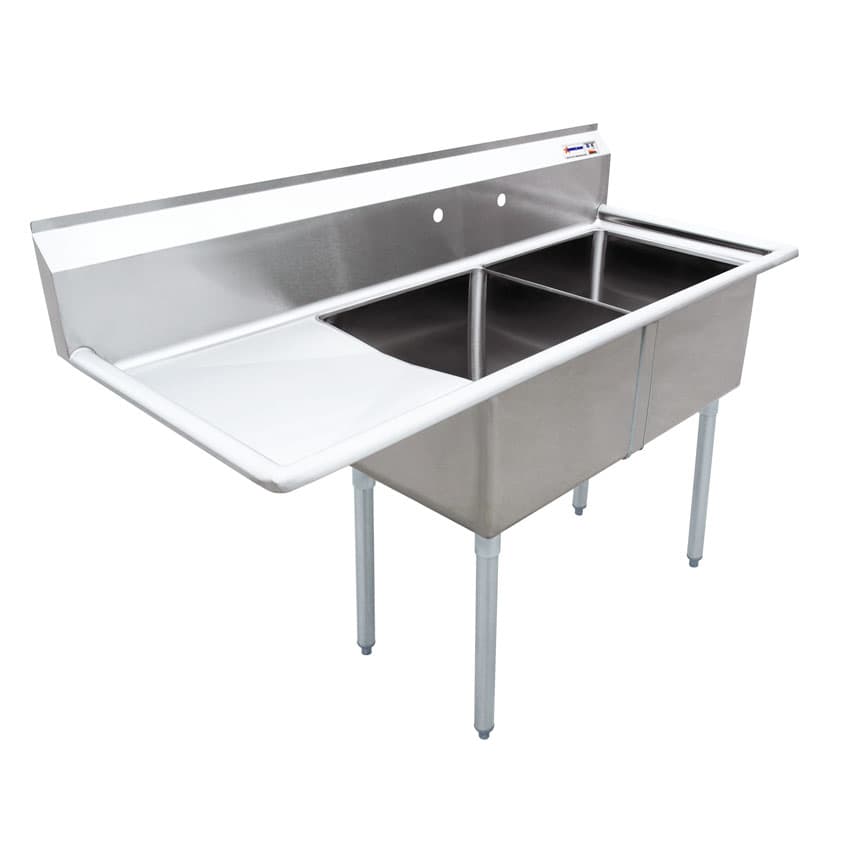 18″ x 18″ x 11″ 18-gauge stainless steel Two Tub Sink with 3.5″ Center Drain and Left Drainboard