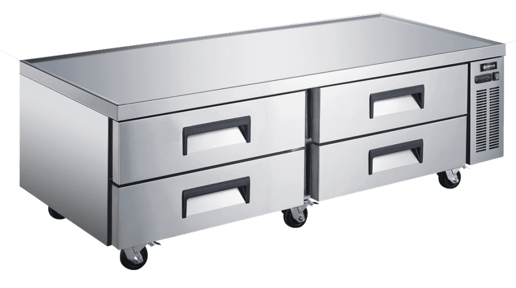 72″ Stainless Steel Refrigerated Chef Base with 4 Drawers – 385L (14 cu.ft.) Cap