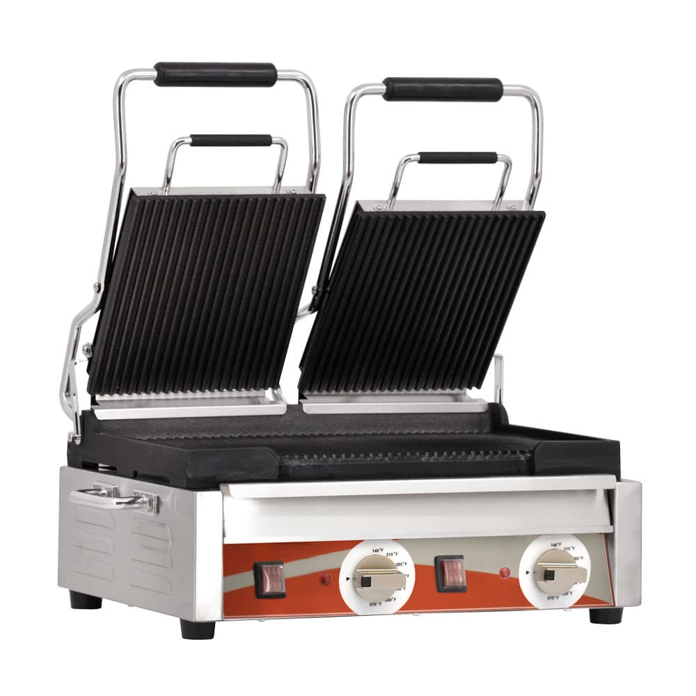 Double Panini Grill with Grooved Plates – 10″ x 18″ Cooking Surface – 220V, 3200