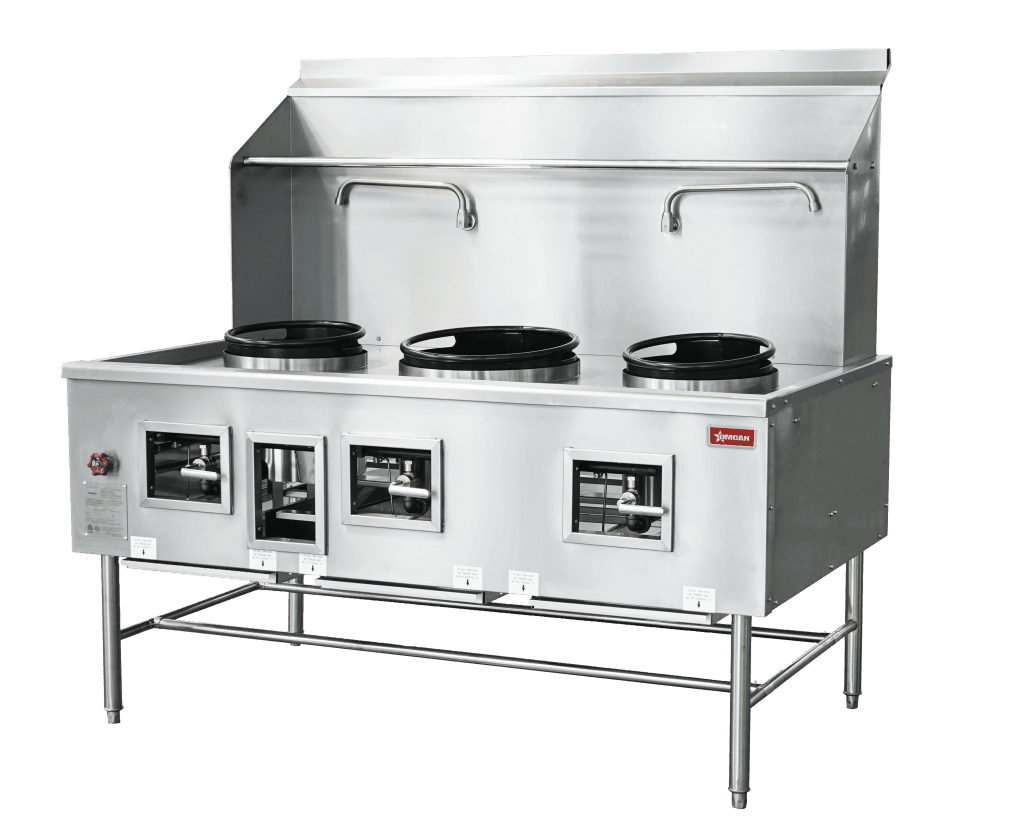 Three Chamber Wok Range with 2 x13″ & 16″ Rings, Backsplash, Faucet, 315,000 BTU