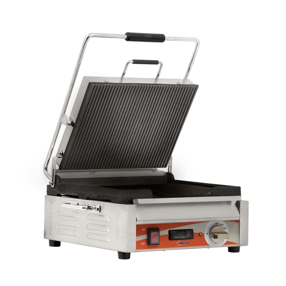 Single Panini Grill With Grooved Plates And Timer Cooking Surface