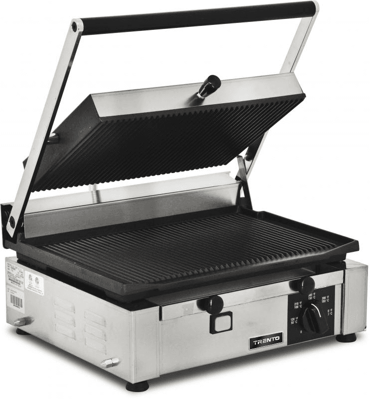 Elite Series 10″ x 14″ Single Panini Grill with Top and Bottom Grooved Grill Sur