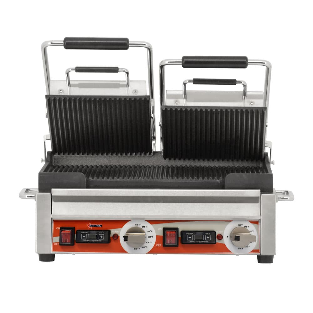 Double Panini Grill with Grooved Plates and Timer – 10″ x 18″ Cooking Surface –