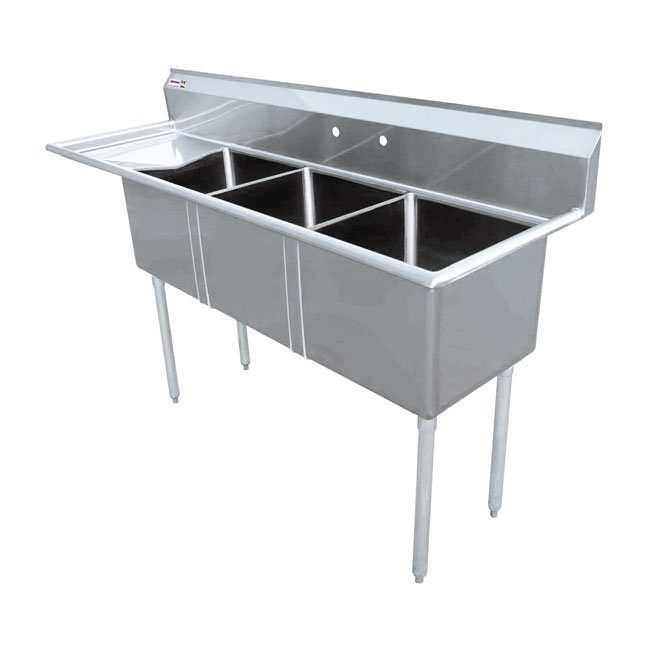 18″ x 21″ x 14″ 18-gauge stainless steel Three Tub Sink with 1.8″ Corner Drain and Left Drainboard