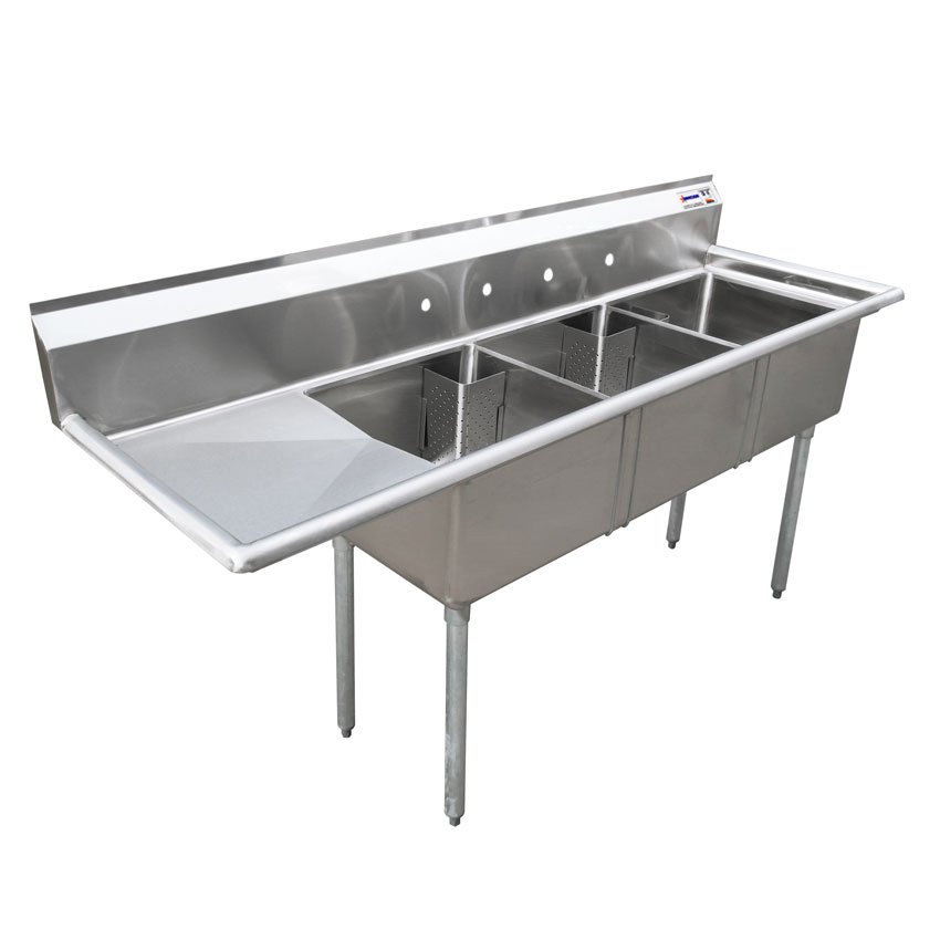 24″ x 24″ x 14″ 18-gauge stainless steel Three Tub Sink with 1.8″ Corner Drain and Left Drainboard