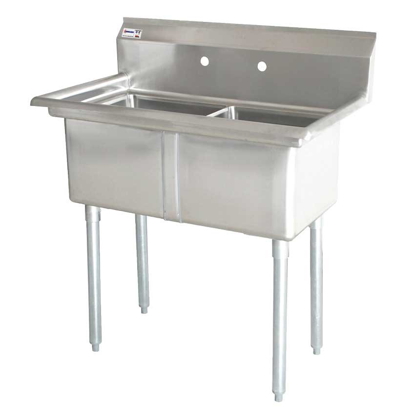 18″ x 21″ x 14″ 18-gauge stainless steel Two Tub Sink with 3.5″ Center Drain Without Drainboard
