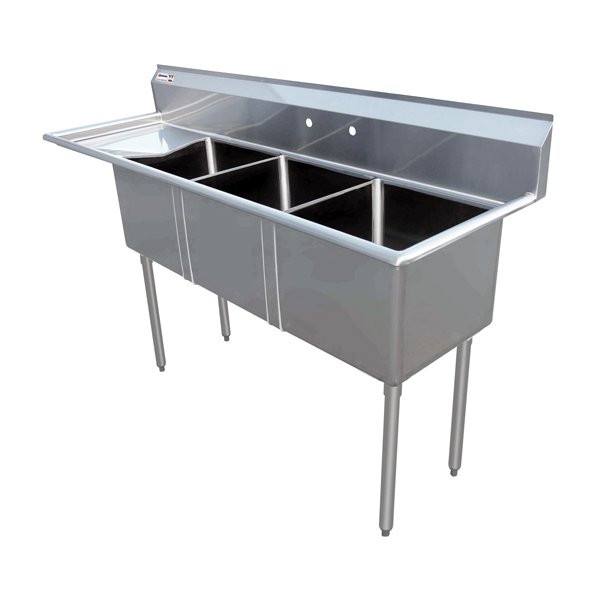 10″ x 14″ x 10″ 18-gauge stainless steel Three Tub Sink with 3.5″ Center Drain and Left Drainboard