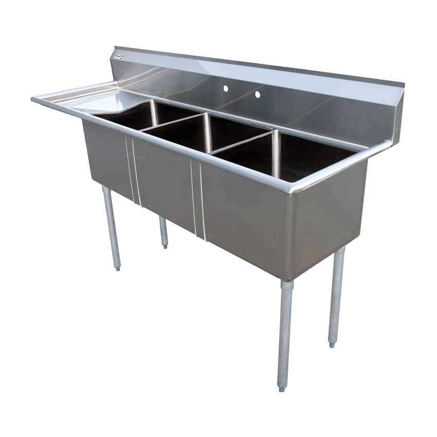 18″ x 18″ x 11″ 18-gauge stainless steel Three Tub Sink with 1.8″ Corner Drain and Left Drainboard