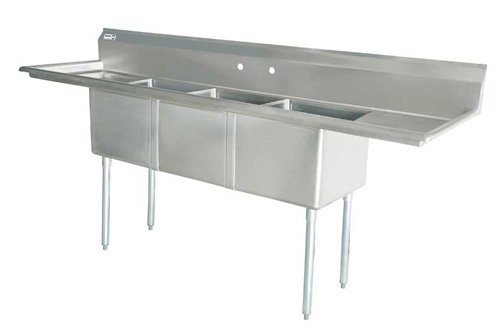 18″ x 21″ x 14″ 18-gauge stainless steel Three Tub Sink with 1.8″ Corner Drain and Two Drainboards