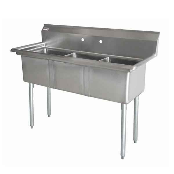 10″ x 14″ x 10″ 18-gauge stainless steel Three Tub Sink with 3.5″ Center Drain Without Drainboard