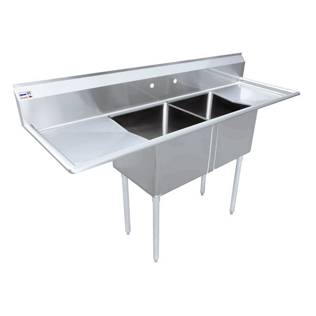 24″ x 24″ x 14″ 18-gauge stainless steel Two Tub Sink with 3.5″ Center Drain and Two Drainboards