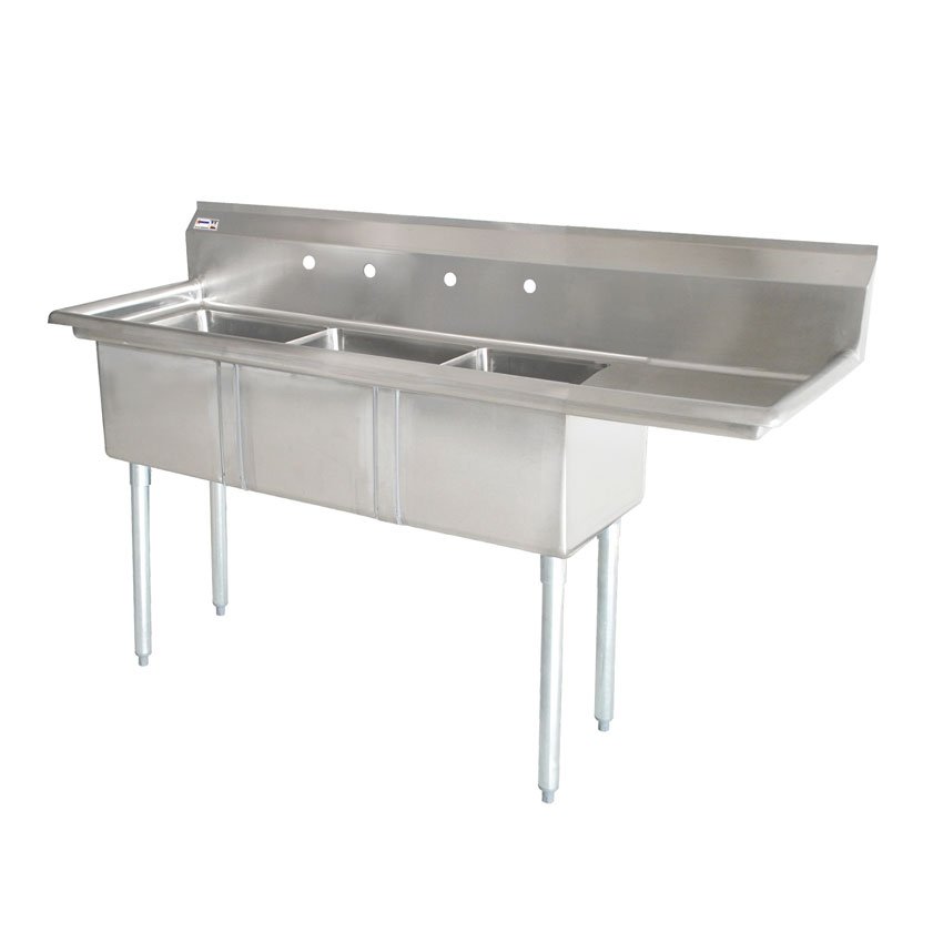 24″ x 24″ x 14″ 18-gauge stainless steel Three Tub Sink with 1.8″ Corner Drain and Right Drainboard