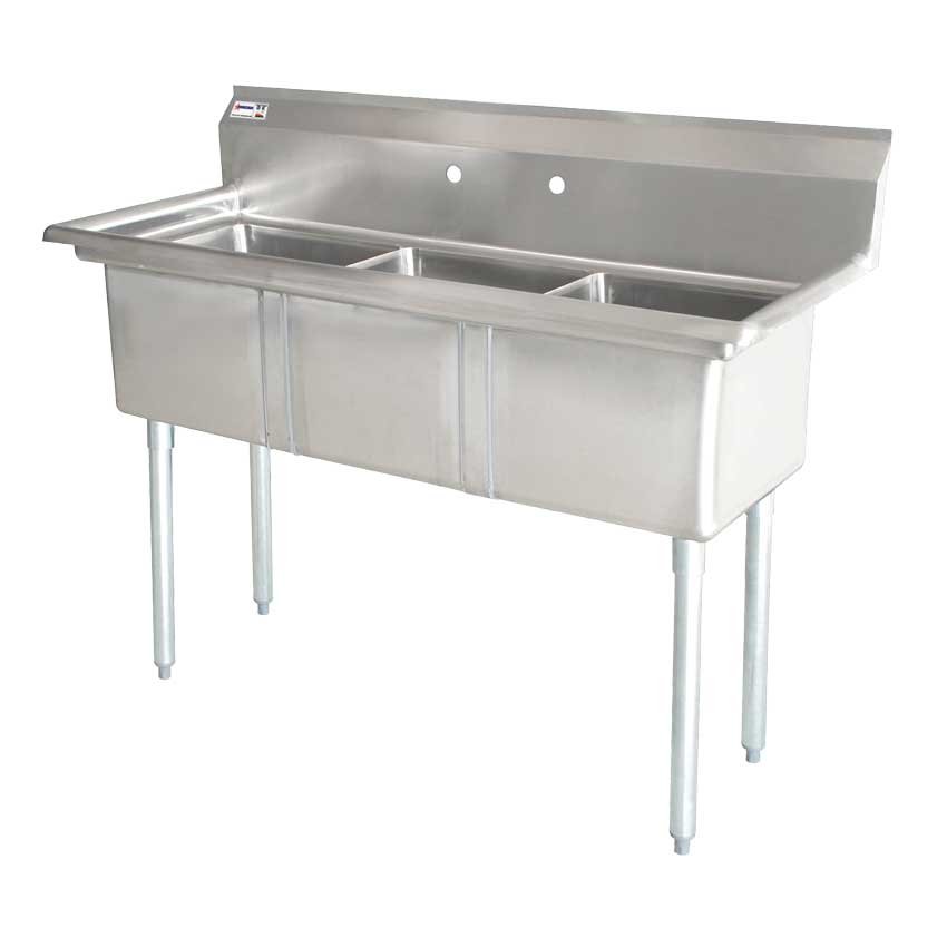 18″ x 21″ x 14″ 18-gauge stainless steel Three Tub Sink with 1.8″ Corner Drain Without Drainboard