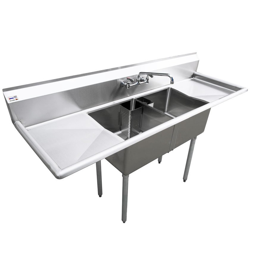 18″ x 18″ x 11″ 18-gauge stainless steel Two Tub Sink with 1.8″ Corner Drain and Two Drainboards
