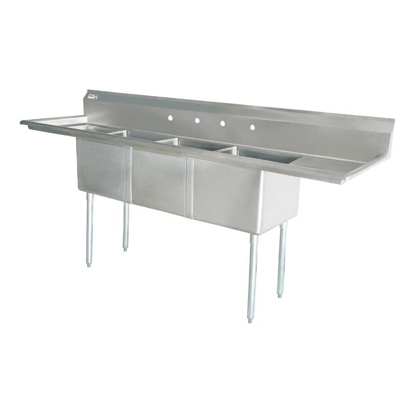 24″ x 24″ x 14″ 18-gauge stainless steel Three Tub Sink with 3.5″ Center Drain and Two Drainboards