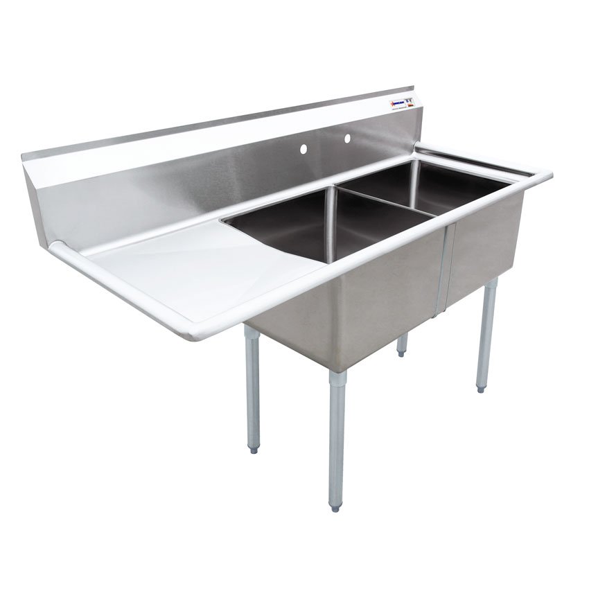 24″ x 24″ x 14″ 18-gauge stainless steel Two Tub Sink with 3.5″ Center Drain and Left Drainboard