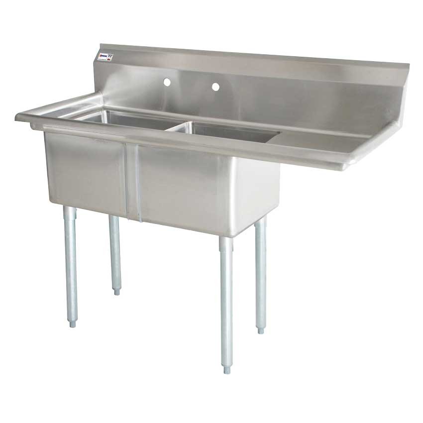 24″ x 24″ x 14″ 18-gauge stainless steel Two Tub Sink with 1.8″ Corner Drain and Right Drainboard