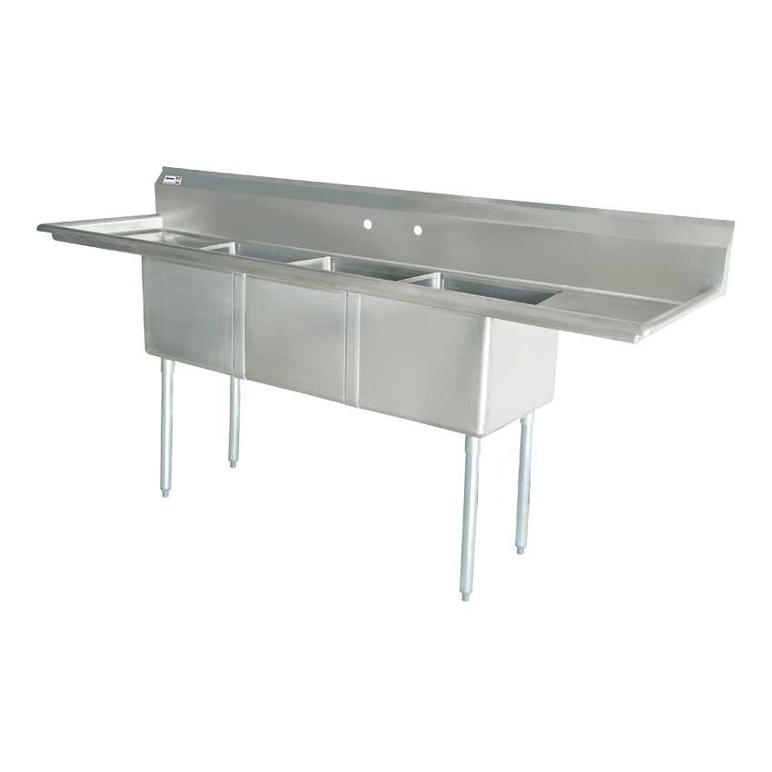 18″ x 18″ x 11″ 18-gauge stainless steel Three Tub Sink with 1.8″ Corner Drain and Two Drainboards