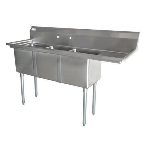 18-Gauge Stainless Steel Three Tub Sink with 1.8″ Corner Drain and Right Drainboard