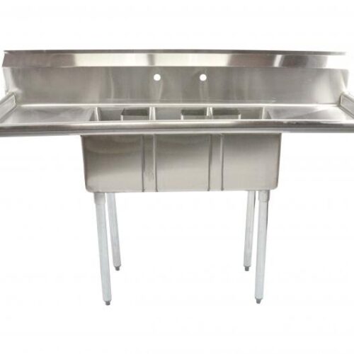 10″ x 14″ x 10″ Stainless Steel Three Tub Space Saver Sink with 16″ Left/Right Drainboards with Corner Drain