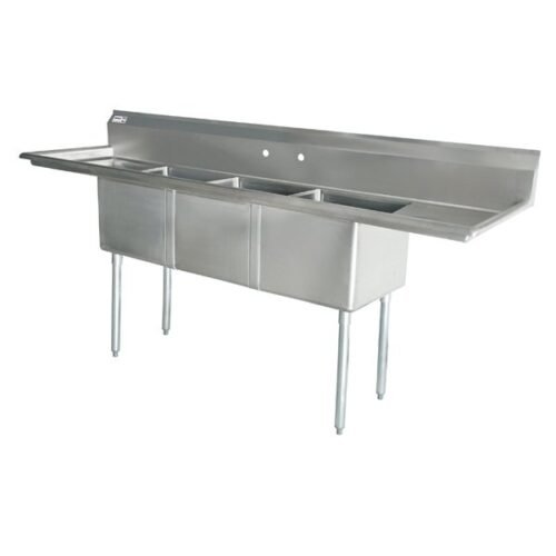 18-Gauge Stainless Steel Three Tub Sink with 3.5″ Center Drain and Two Drainboards