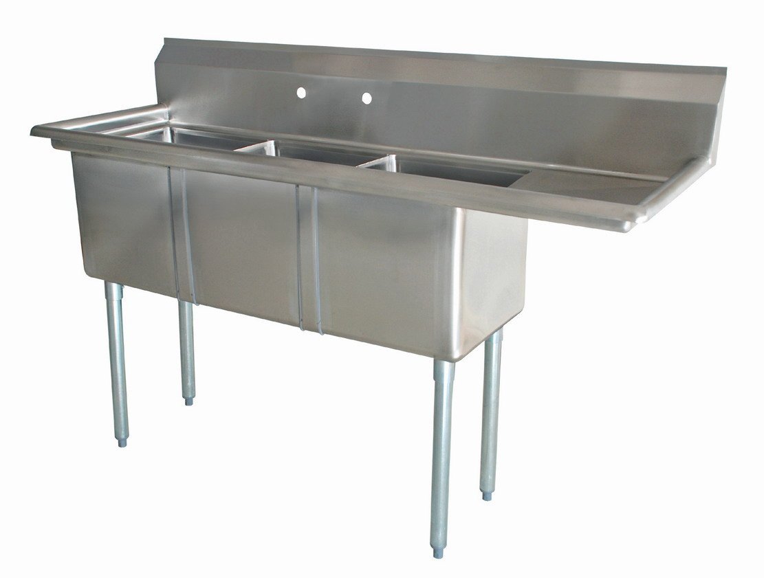 18-Gauge Stainless Steel Three Tub Sink with 1.8″ Corner Drain and Right Drainboard - Image 2
