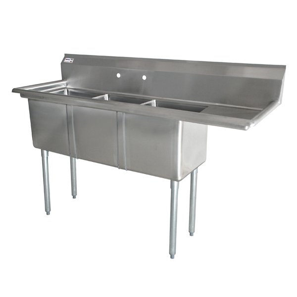 18-Gauge Stainless Steel Three Tub Sink with 3.5″ Center Drain and Right Drainboard