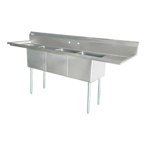 18-Gauge Stainless Steel Three Tub Sink with Center Drain and Two Drainboards