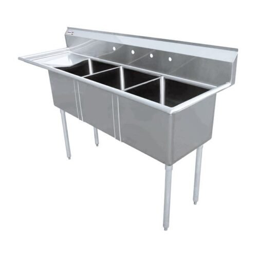 24″ x 24″ x 14″ Stainless Steel Three Tub Sink with 3.5″ Center Drain and Left Drainboard