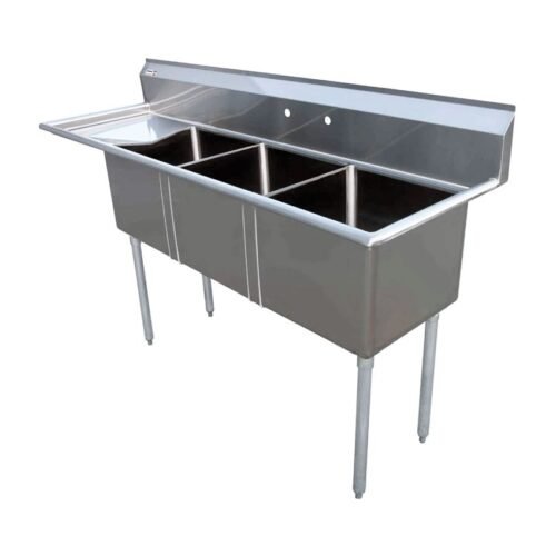 18-Gauge Stainless Steel Three Tub Sink with 1.8″ Corner Drain and Left Drainboard