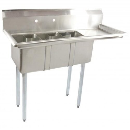 10″ x 14″ x 10″ Stainless Steel Three Tub Space Saver Sink with 16″ Right Drainboard with Corner Drain