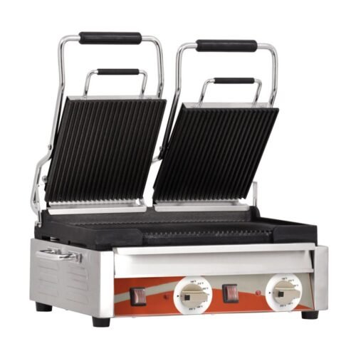 Double Panini Grill with Grooved Plates – 10″ x 18″ Cooking Surface – 220V, 3200