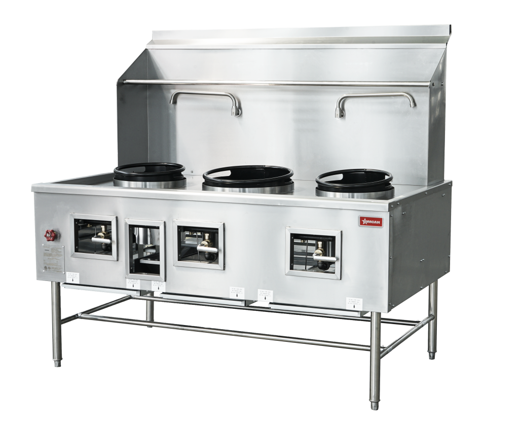 Three Chamber Wok Range with 2 x13″ & 16″ Rings, Backsplash, Faucet, 315,000 BTU