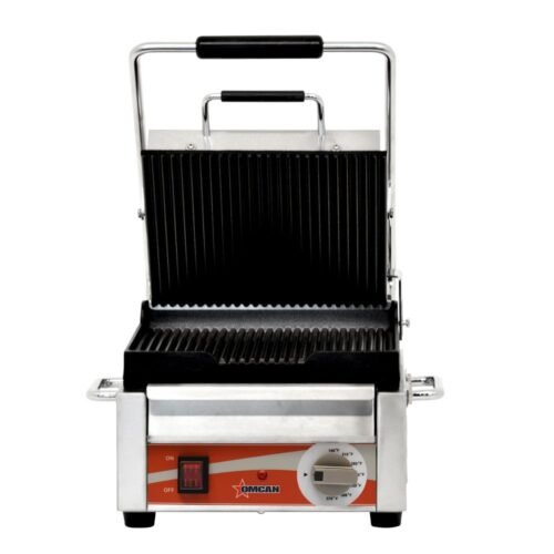 Single Panini Grill with Grooved Plates – 10″ x 11″ Cooking Surface – 120V, 1500