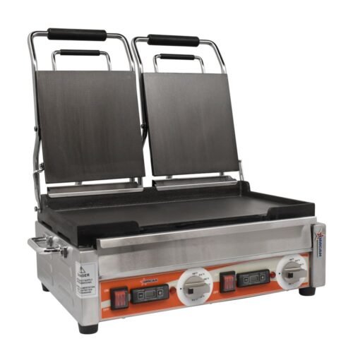 Double Panini Grill with Smooth Plates and Timer – 10″ x 18″ Cooking Surface