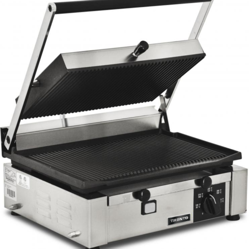 Elite Series 10″ x 14″ Single Panini Grill with Top and Bottom Grooved Grill Sur