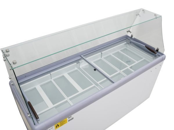 71″ Thirteen Pan Gelato Dipping Cabinet with Flat Sneeze Guard and Pans – Image 5