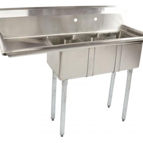 10″ x 14″ x 10″ Stainless Steel Three Tub Space Saver Sink with 16″ Left Drainboard with Corner Drain