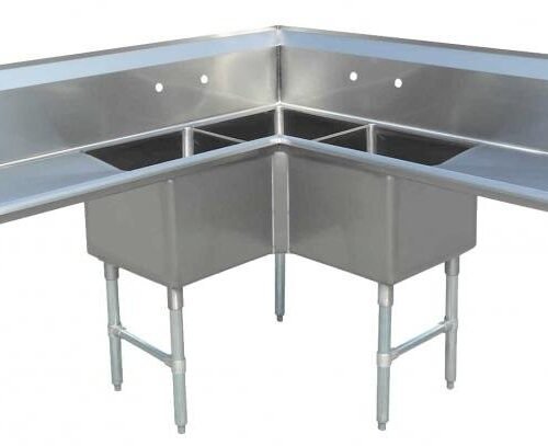18″ x 18″ x 14″ 18-gauge stainless steel Three Compartment Corner Sink with Two Drainboards and 3.5″ Center Drain