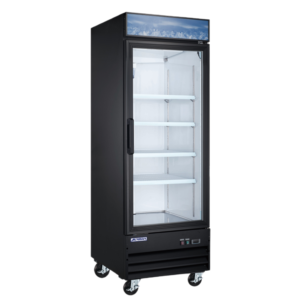 Aurora 29″ Black Display Refrigerator with Lightbox, 1 Glass Door, 22.6 cu.ft. (
