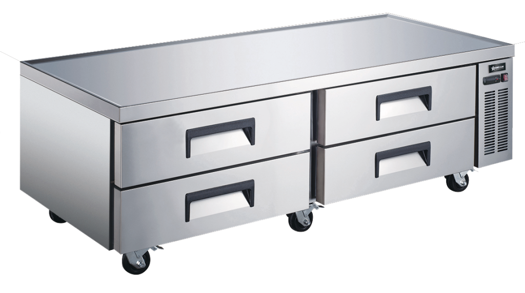 72″ Stainless Steel Refrigerated Chef Base with 4 Drawers – 385L (14 cu.ft.) Cap