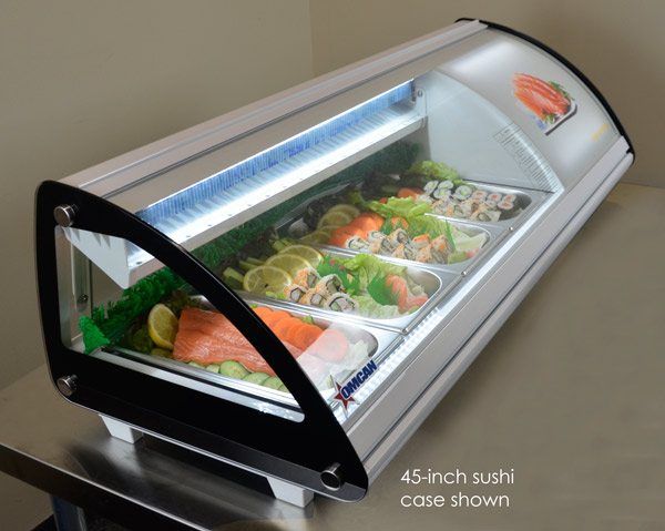 45″ Refrigerated Sushi Showcase with Curved Glass and 1.5cu.ft. / 42L Capacity –