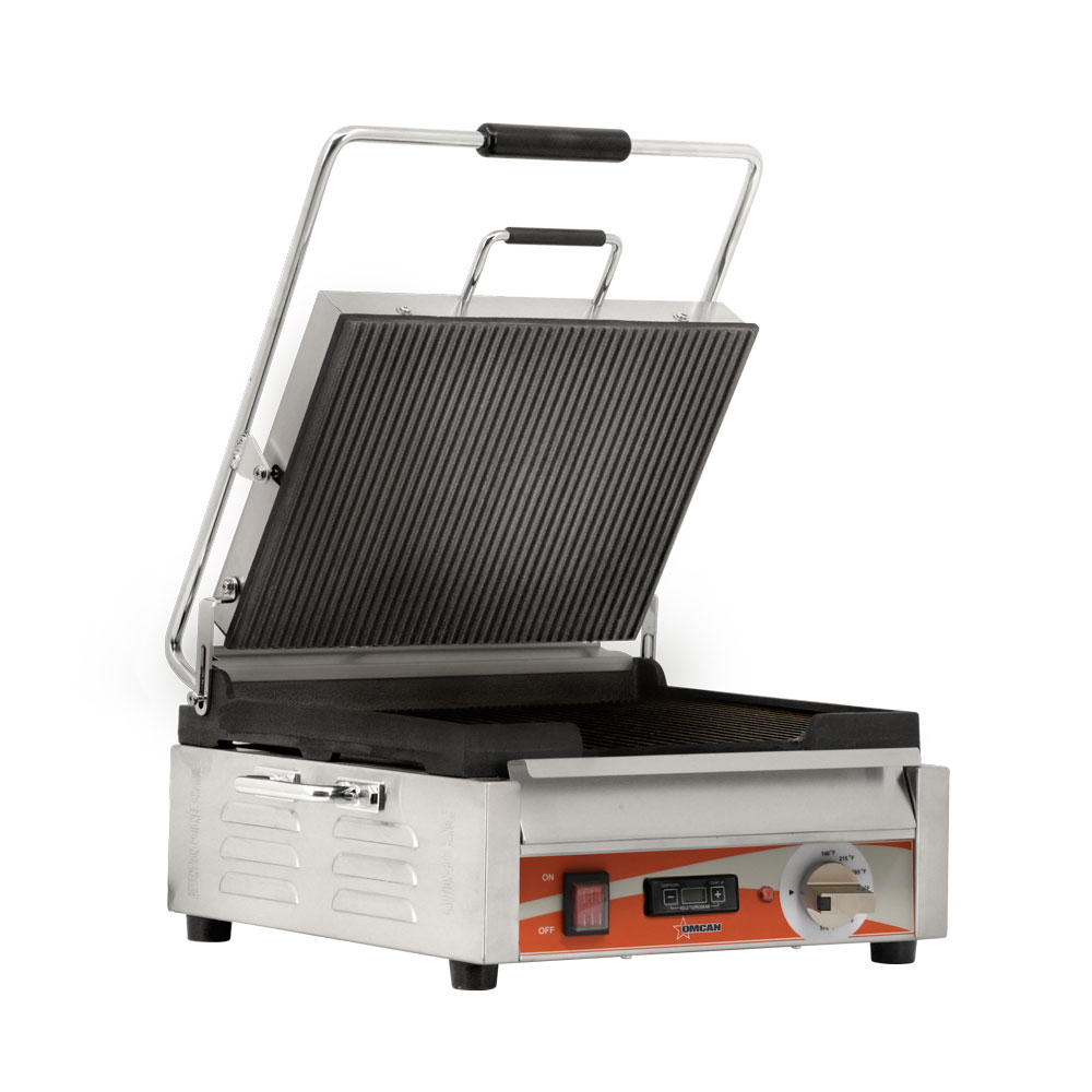 Single Panini Grill with Grooved Plates and Timer – 12″ x 15″ Cooking Surface –