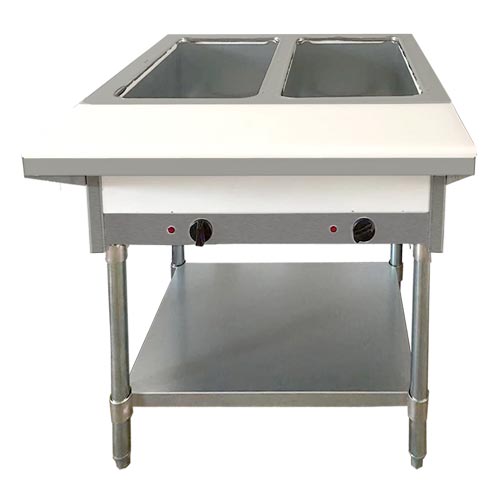 2 Pan Open Well Natural Gas Steam Table with Cutting Board and Undershelf